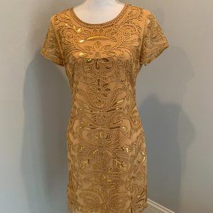 Gold sequined and embroidered cocktail dress.